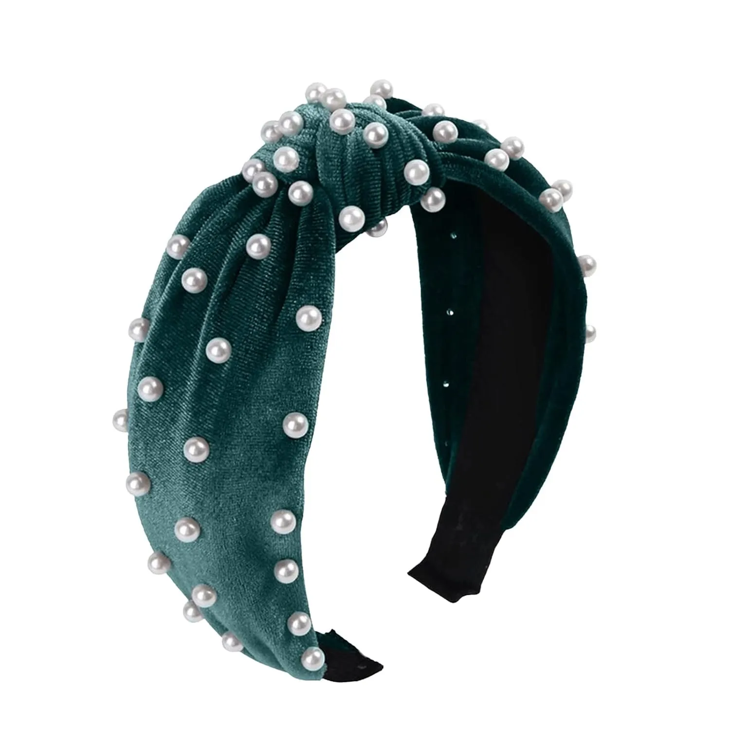 YOLAI Velvet Pearl Hair Hoop for Women Golden Velvet Pearl Knotted Hair Hoop Headband Hair Accessories (Green, One Size)