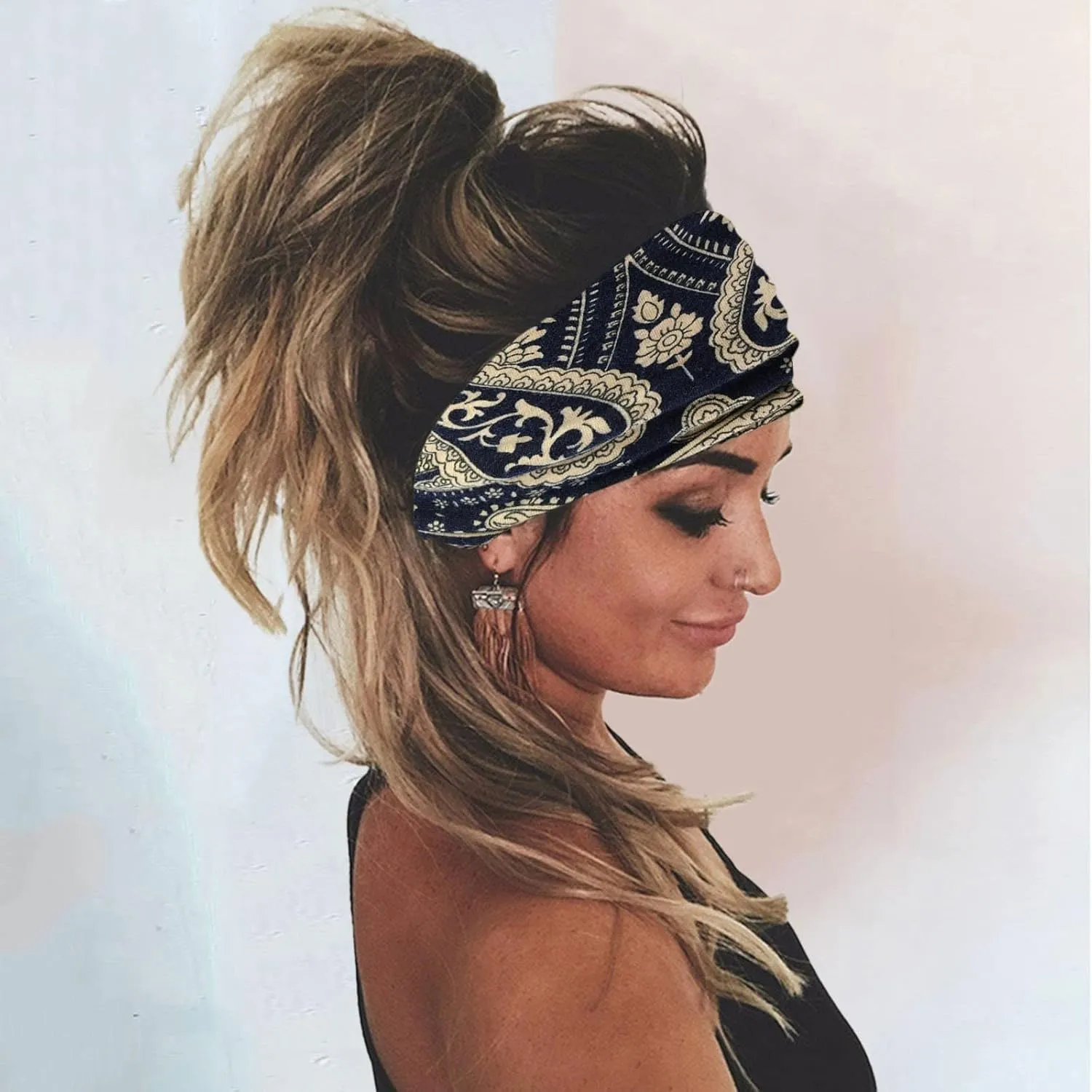 YOLAI Wide Headbands for Women Knotted Boho Head Bands Elastic Turban Hairbands Fashion Hair Wraps Bands for Womens (Navy, One Size)