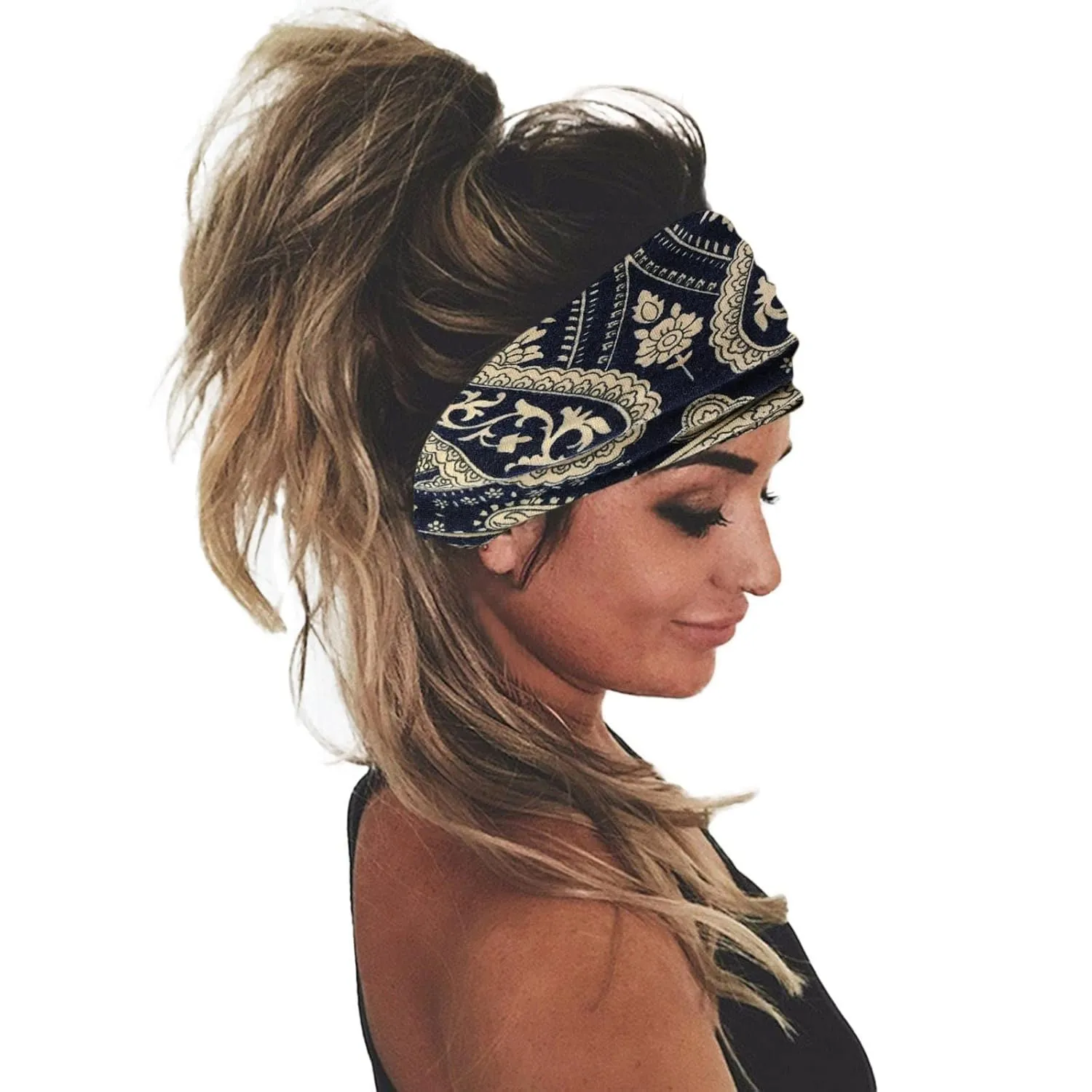 YOLAI Wide Headbands for Women Knotted Boho Head Bands Elastic Turban Hairbands Fashion Hair Wraps Bands for Womens (Navy, One Size)