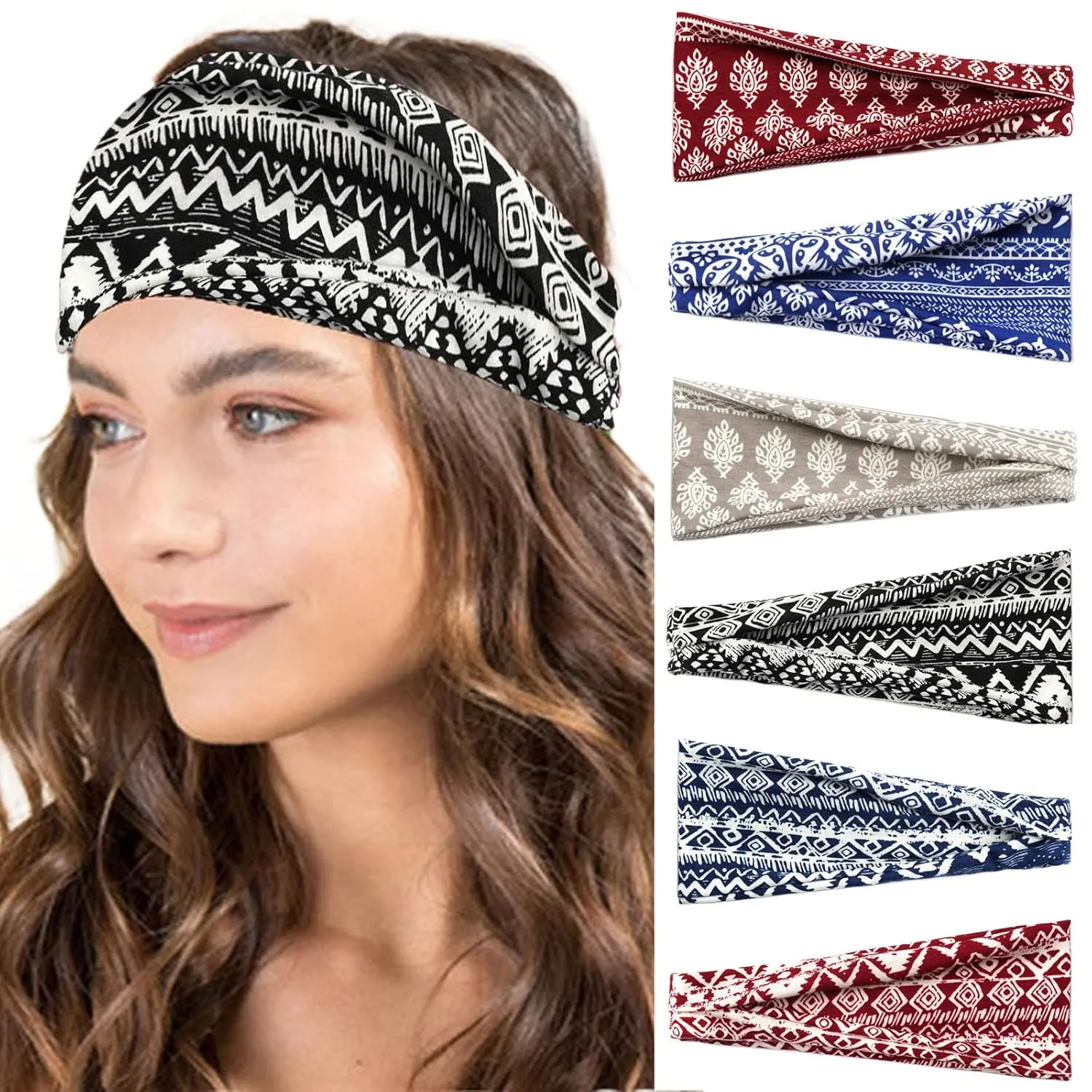 YOLAI Wide Headbands for Women Knotted Boho Head Bands Non Slip Elastic Hairbands for Girls Fashion Hair Bands (Blue, One Size)