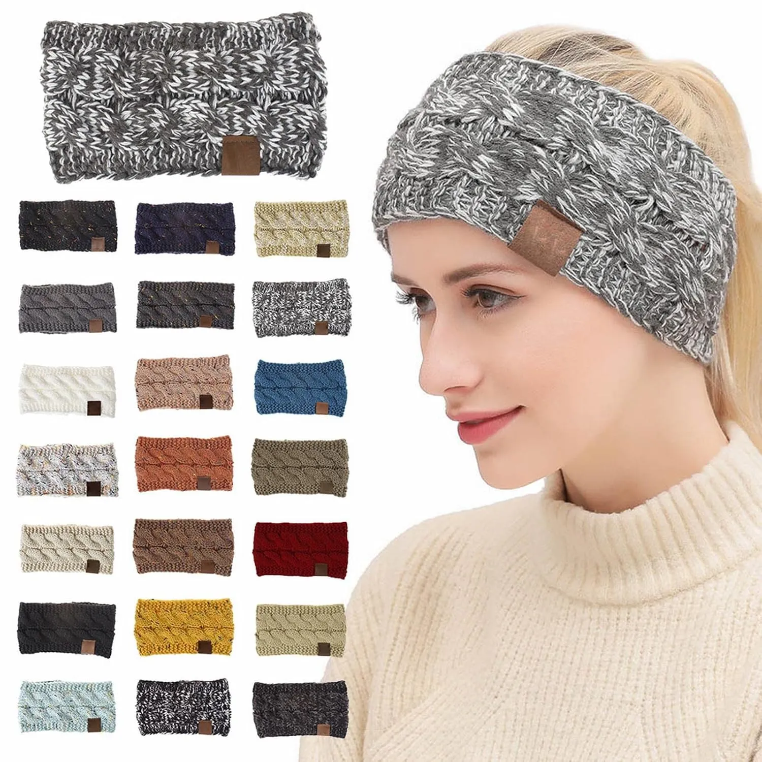 YOLAI Womens Winter Ear Warmer Headbands Cable Knit Head Wrap Fleece Lined Headband for Women Girls (F, One Size)