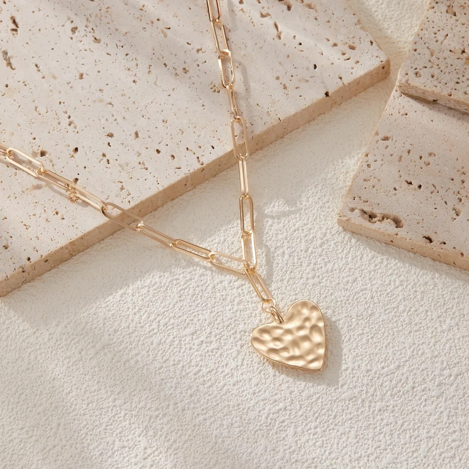 Yuoos Chunky Gold Necklace for Women Statement Thick Chain Vintage Chain Choker Layered Hammered Bold Cross Heart Star Moon Pendant Necklace for Women