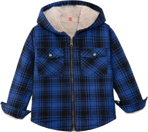 ZENTHACE Boys Sherpa Lined Full Zip Flannel Plaid Shirt Jacket,Cozy Hooded Flannel Shirt with Hand Pockets