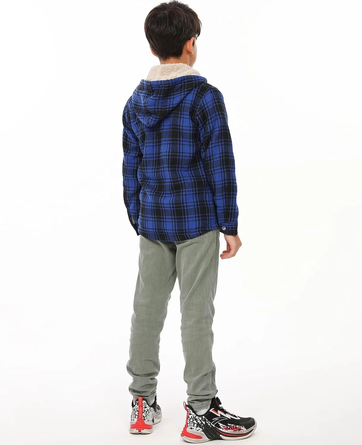 ZENTHACE Boys Sherpa Lined Full Zip Flannel Plaid Shirt Jacket,Cozy Hooded Flannel Shirt with Hand Pockets