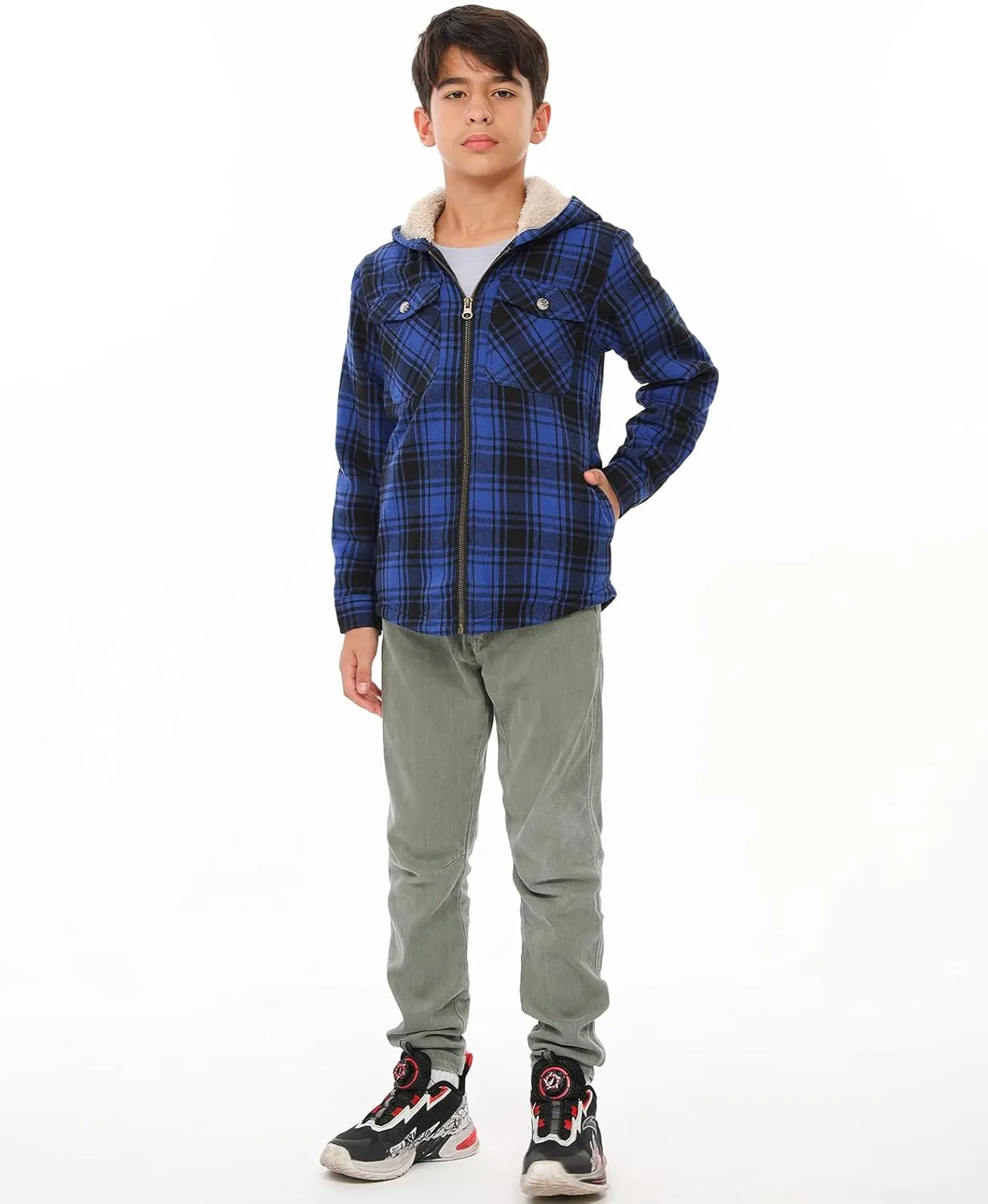 ZENTHACE Boys Sherpa Lined Full Zip Flannel Plaid Shirt Jacket,Cozy Hooded Flannel Shirt with Hand Pockets