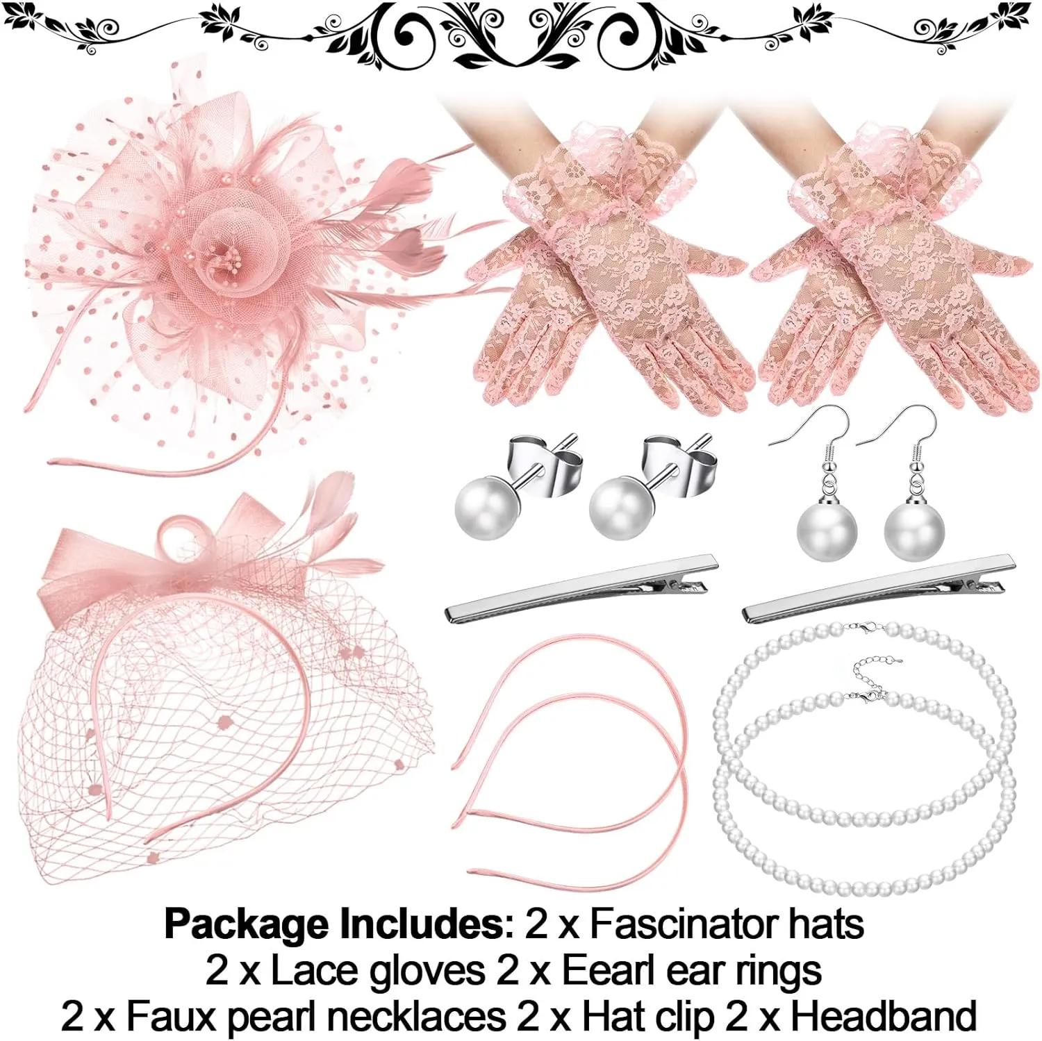 Zhanmai 12 Pcs Tea Party Accessory Bride Fascinators Hat for Wedding Women Halloween Glove Headband Necklace Bracelet