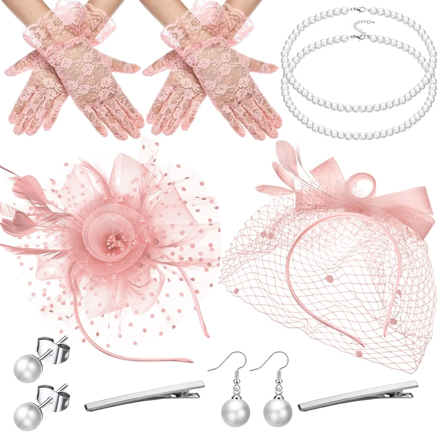Zhanmai 12 Pcs Tea Party Accessory Bride Fascinators Hat for Wedding Women Halloween Glove Headband Necklace Bracelet