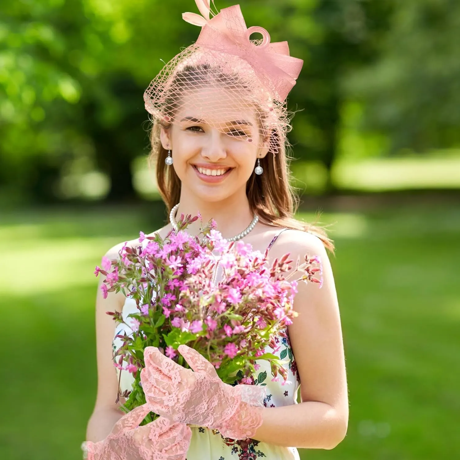 Zhanmai 12 Pcs Tea Party Accessory Bride Fascinators Hat for Wedding Women Halloween Glove Headband Necklace Bracelet