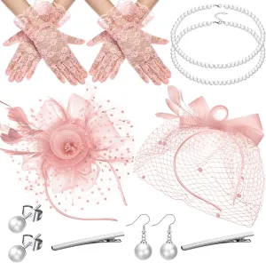 Zhanmai 12 Pcs Tea Party Accessory Bride Fascinators Hat for Wedding Women Halloween Glove Headband Necklace Bracelet