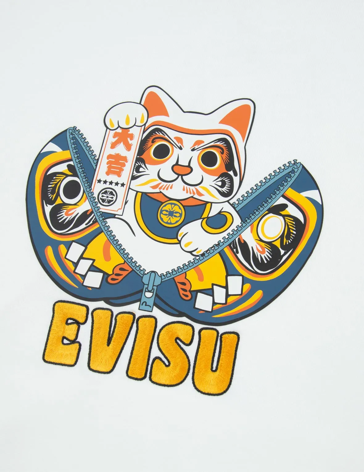 Zip-up Daruma and Fortune Cat Print Hooded Sweatshirt