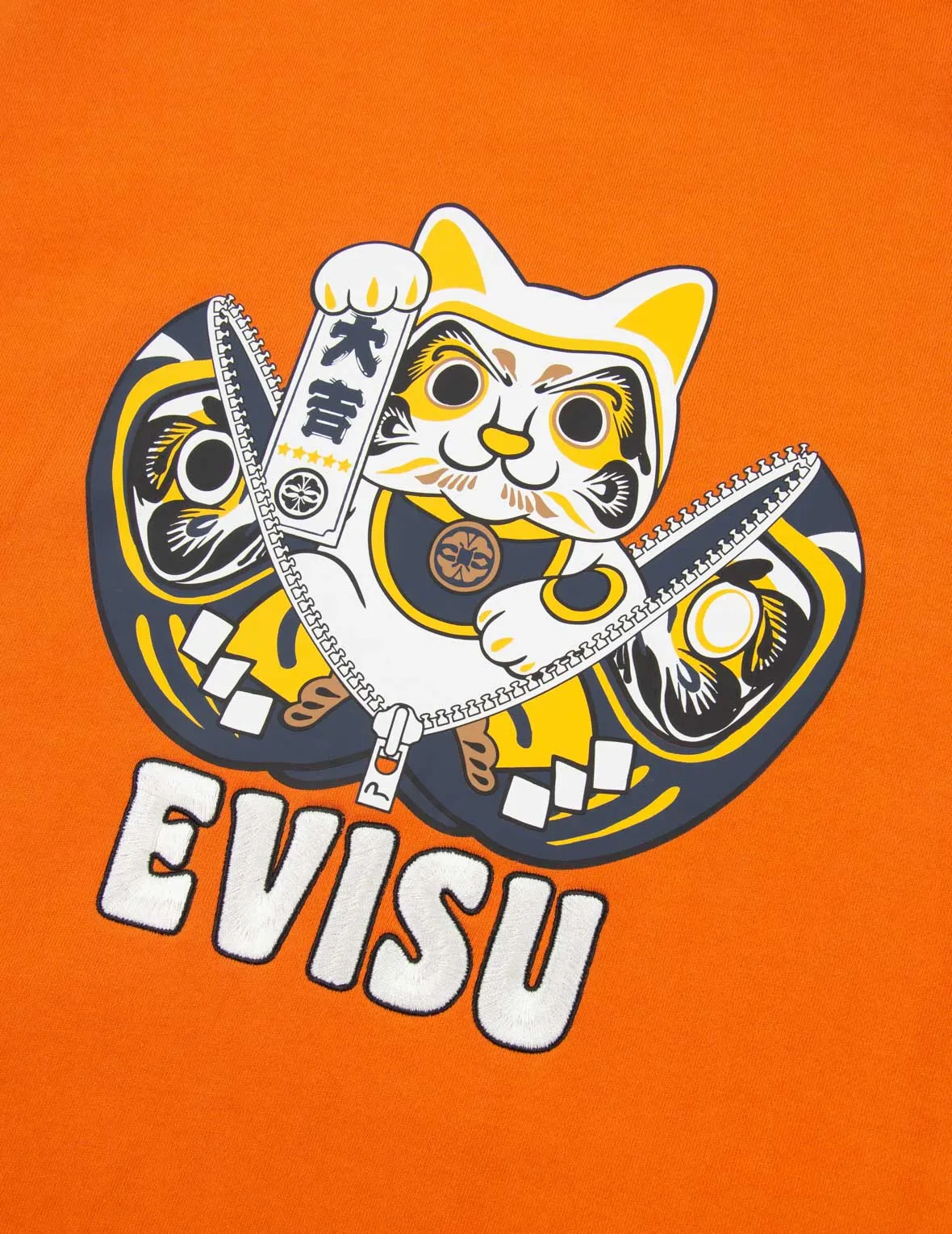 Zip-up Daruma and Fortune Cat Print Hooded Sweatshirt