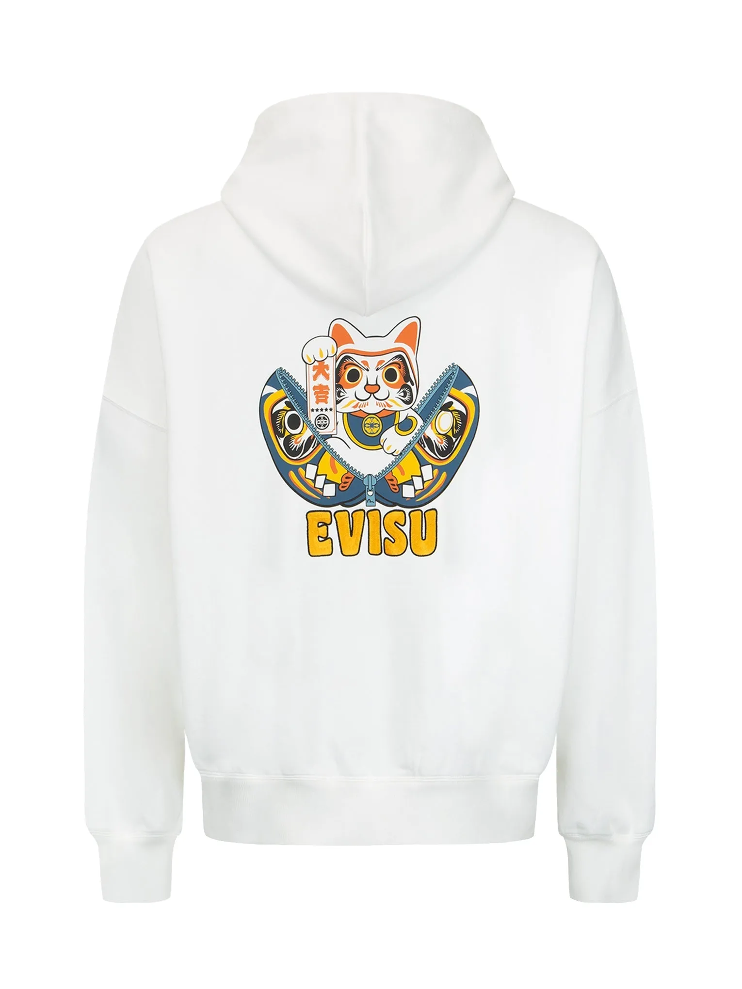 Zip-up Daruma and Fortune Cat Print Hooded Sweatshirt