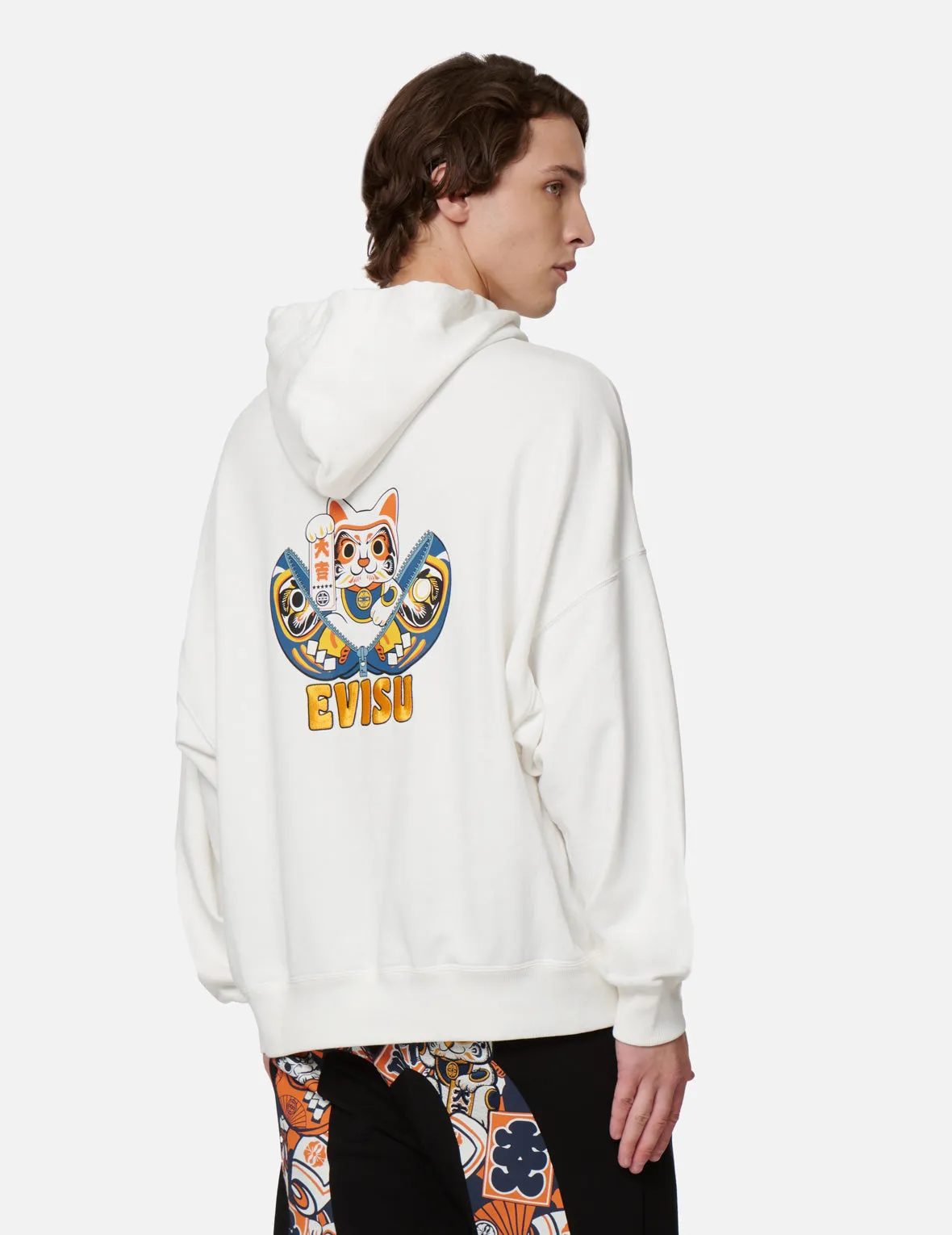 Zip-up Daruma and Fortune Cat Print Hooded Sweatshirt